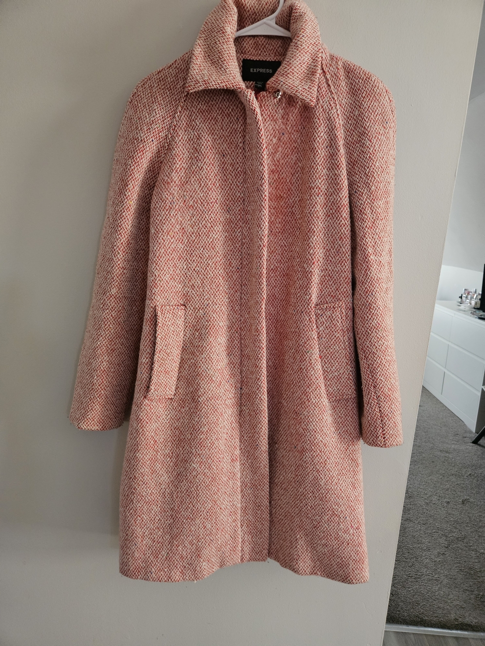 Express Women's Red And WhiteTweed Coat (Reads Coral Pink)